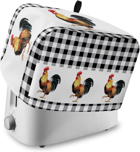Toaster Dust Cover with Pockets, Black White Buffalo Plaid Rooster Summer Farm Style, Washable 2 Slice Cover