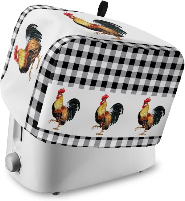 Toaster Dust Cover with Pockets, Black White Buffalo Plaid Rooster Summer Farm Style, Washable 2 Slice Cover