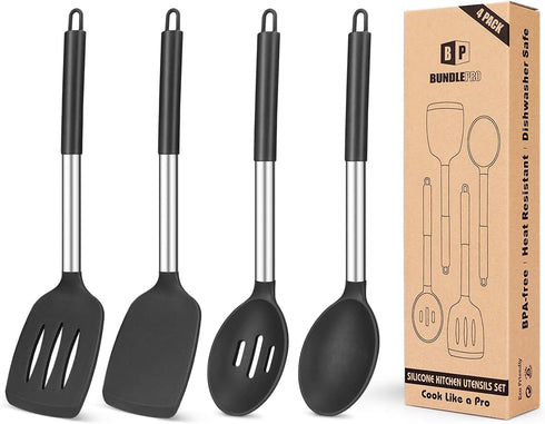 Pack of 4 Silicone Cooking Utensils Set, Non-Stick Large Solid Spatulas, BPA Free Kitchen Turners for Frying, Mixing