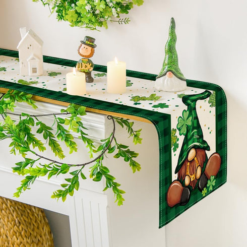 Artoid Mode Shamrock Buffalo Plaid Gnomes Table Runner, St. Patrick's Day Kitchen Decor, 13 x 72 Inch