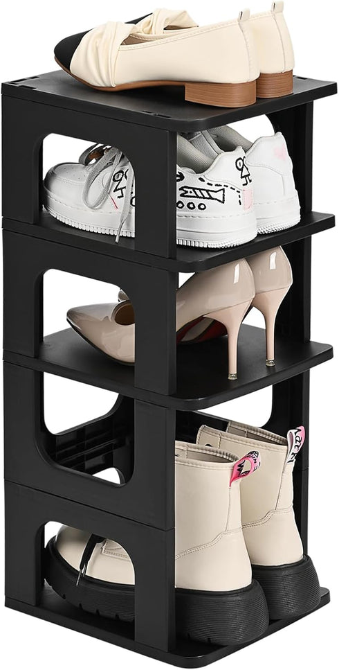 TRZZ 4-Tier Small Shoe Rack, DIY Height-Adjustable Mini Shoe Organizer for Entryway, Closet, Small Space (Plastic,