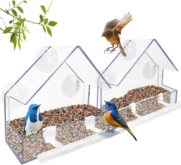 Window Bird Feeder 2 Pack, Small Acrylic Feeder with Strong Suction Cups and Drain Holes