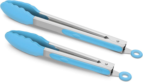 Set of 2 Kitchen Tongs, 9-Inch & 12-Inch Premium Stainless Steel Locking Silicone Grilling Barbeque Food Tong, Blue