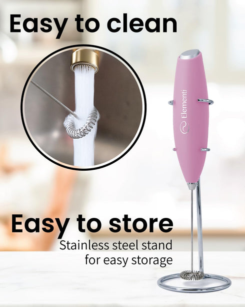 Elementi Electric Pink Milk Frother Handheld - Mini Whisk for Coffee, Matcha and Drinks, Portable Frother & Mixer with