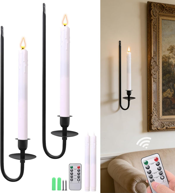 Yollzey Candle Wall Sconces Set of 2, Flameless Candles Black Wall Candle