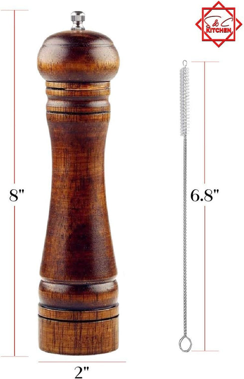 8 Inch Wooden Pepper Mill or Salt Mill with Cleaning Brush - Adjustable Ceramic Rotor, Refillable Oak Wood Grinder for