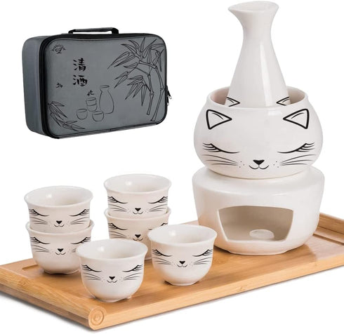 Roksol Chef Ceramic Sake Cups with Warmer Pot Bamboo Tray, Traditional Porcelain Pottery Hot