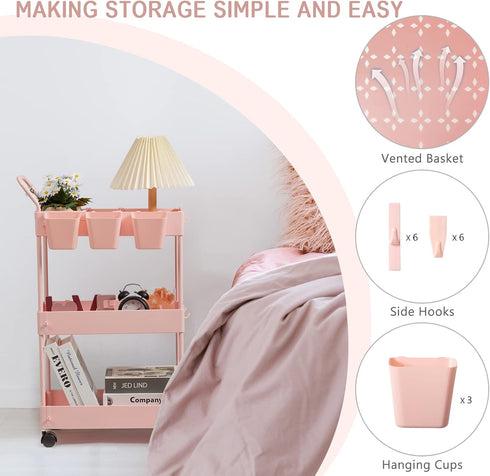 3 danpinera Slim Storage Cart, Tier Narrow Rolling Cart on Wheels Bathroom Organizer with Dividers Handle Hanging Cups