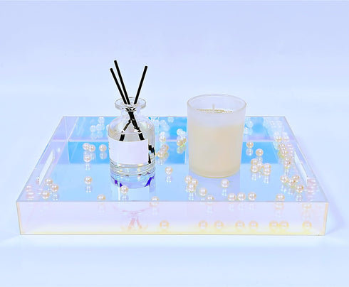 12X9 Inch Countertop, ROYALITA Iridescent Acrylic Tray with Handles, Serving Tray Spill Proof, Perfume Decorative Tray