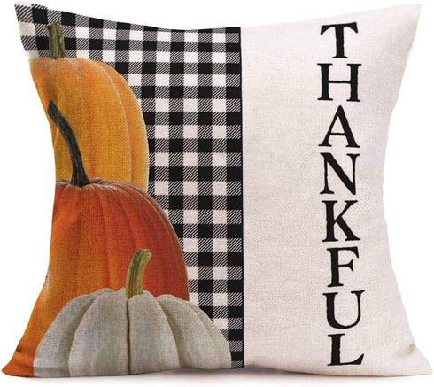 Fukeen Thanksgiving Pumpkin Throw Pillow Cases - Vintage White and Black Buffalo Plaid Check Covers, 18x18 Inch Cotton