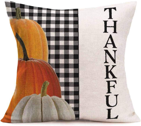 Fukeen Thanksgiving Pumpkin Throw Pillow Cases - Vintage White and Black Buffalo Plaid Check Covers, 18x18 Inch Cotton