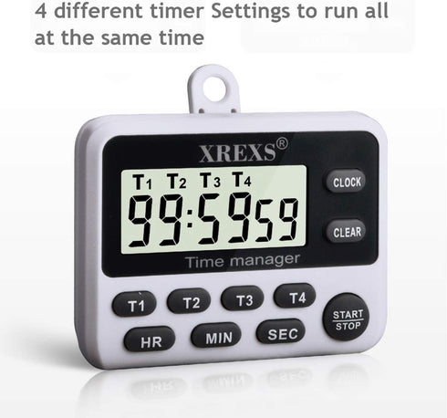 XREXS 4-Channel Digital Kitchen Timer Clock - Large LCD Display, 4 Groups Simultaneous Timing Countdown