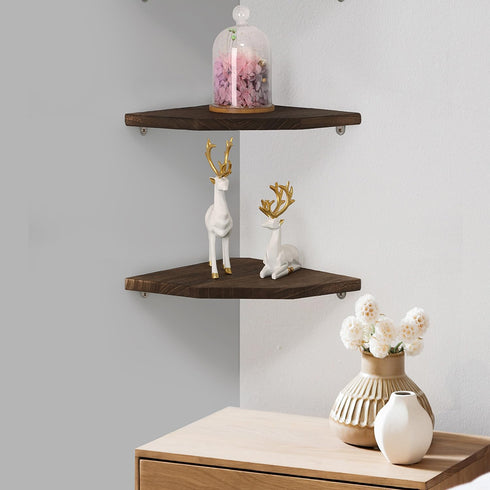 Set 2, (Brown-10 inch) Joiishom Wood Corner Wall Shelves of Solid Wood Corner Floating Shelves for Wall, Round End Wall