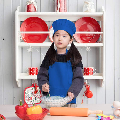 Kids Apron and Chef Hat Set, Adjustable Bib Apron with 2 Pockets for Cooking and Baking (6-12 Year, Blue)