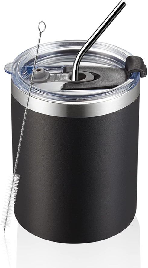 MEWAY 12 oz Lowball Tumbler, Stainless Steel Double Wall Vacuum Insulated Mug with Straw and Lid, Black