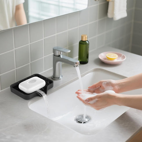 2 Pack Counter Silicone Soap Dish, Self Draining Soap Dish, Non Slip Bar Soap and Sponge Holder for Bathroom Kitchen
