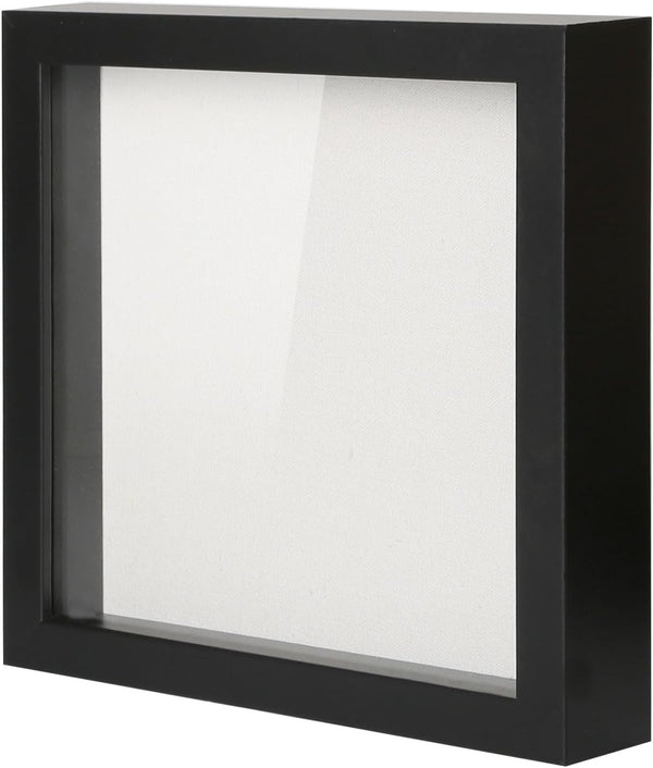 Muzilife 8x8 Shadow Box Picture Frame with Linen Board - Deep Wood & Glass Display Case for Memories (Black)