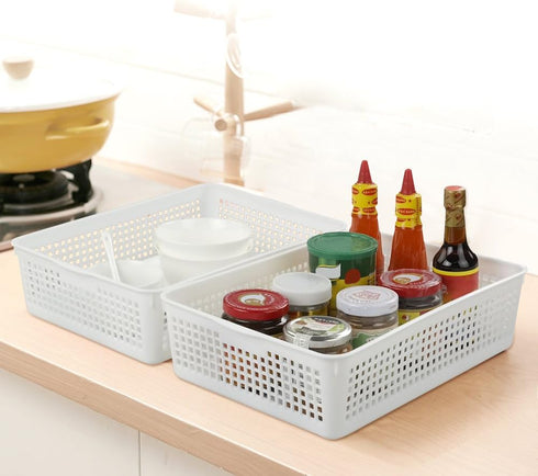 Plastic Storage Trays Baskets, Set of 6 Organizing Baskets, 13.2 x 9.6 x 3.6 Inches (White)