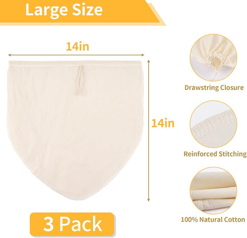 3 14"x14" (14x14 Inch) Pcs Nut Milk Bag, Natural Unbleached Cotton Cheese Cloth Bag for Straining, Reusable Strainer