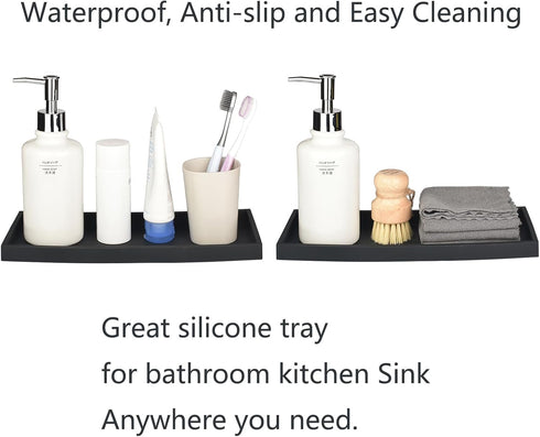 DNC Bathroom Counter Tray, 7.9" Silicone Vanity Tray for Soap Dispenser, Kitchen Sink Holder, Black Desk Organizer
