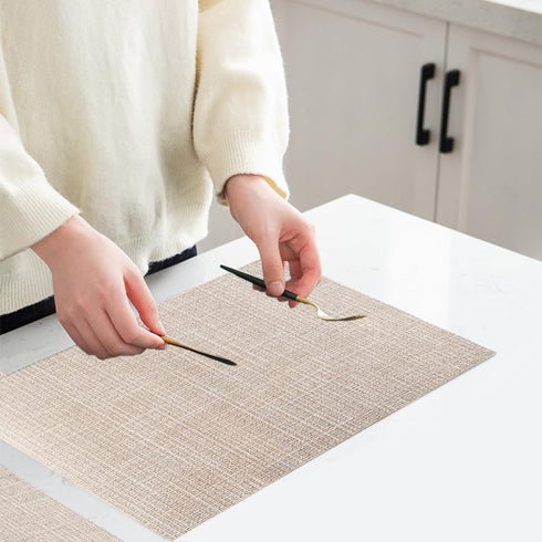 PIGCHCY Set of 4 Beige Placemats, Vinyl PVC Durable Place Mats for Dining Table, Heat Resistant Non-Slip Woven Mats