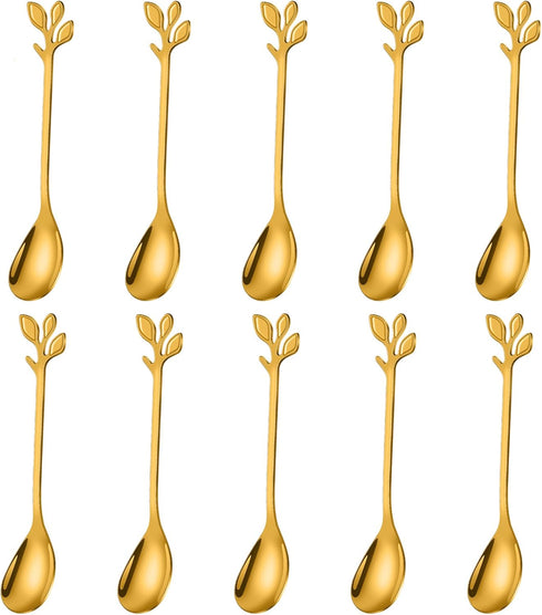 AnSaw Elegant Gold Leaf Coffee Spoons - 10-Piece Mini Stainless Steel Espresso & Dessert Spoons (4.7")