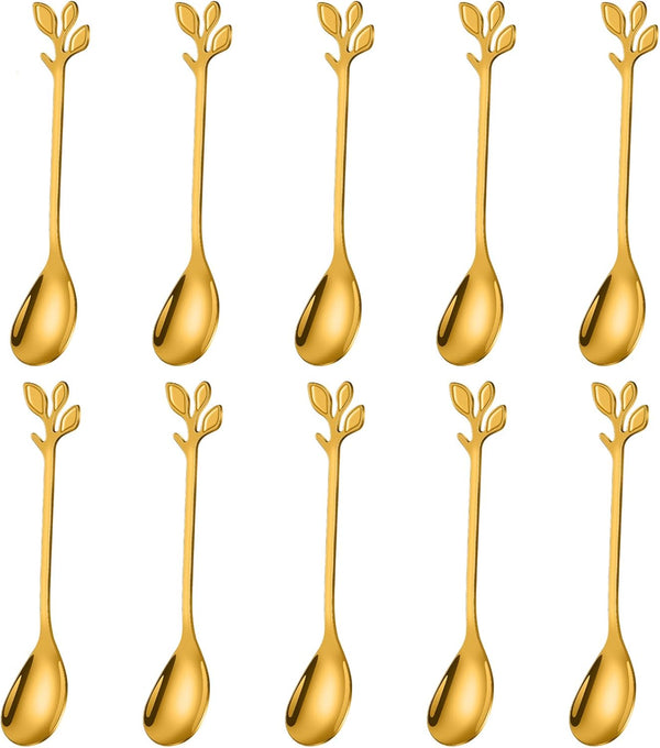 AnSaw Elegant Gold Leaf Coffee Spoons - 10-Piece Mini Stainless Steel Espresso & Dessert Spoons (4.7")
