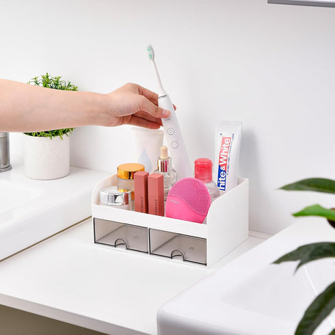 VITVITI Toothbrush Holders for Bathroom Sink, 6 Slots Countertop Organizer with 2 Drawers, White Plastic