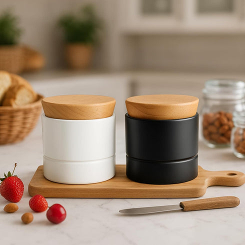 Countertop French Butter Dish,Samseel Porcelain Butter Crock with Water Line and Thick Wooden Lid, a Butter Keeper