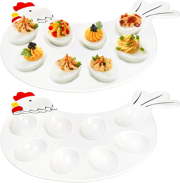 Hedume 2 Pack Deviled Egg Platter Tray, Ceramic Hen Modelling 8-Cup Egg