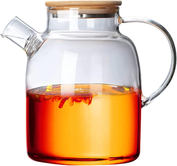 Glass Teapot with Strainer, Stovetop & Microwave Safe Borosilicate Glass Kettle, 60.8oz/1800ml, Wooden Lid
