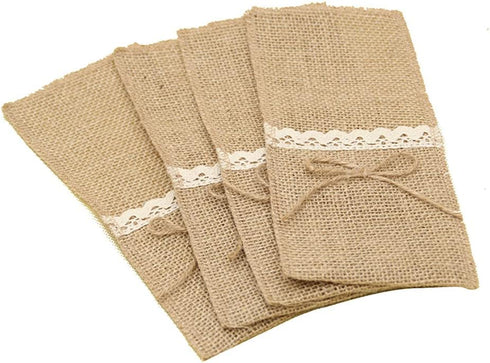 Alnicov Natural Burlap Lace Utensil Cutlery Holders Pouch, Jute Napkin Holders for Vintage Wedding Party Tableware