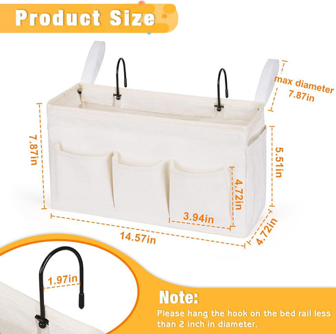 Bedside Caddy Organizer with Fixed Straps and Water Bottle Holder, 2pcs White for Home, College Dorm, Bunk Bed