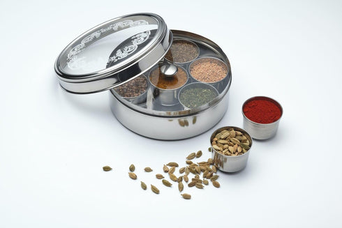 KitchenCraft World of Flavours Indian Spice Box, Stainless Steel, 7 Spice Pots + Large Spice + Cover, 17 x 7 cm