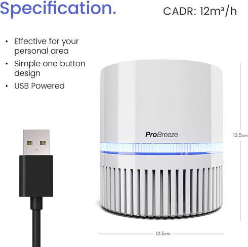 Pro Breeze Small Air Purifier HEPA - True HEPA Filter, 99.7% Smoke, Dust, Pollen, Desktop Air Purifier