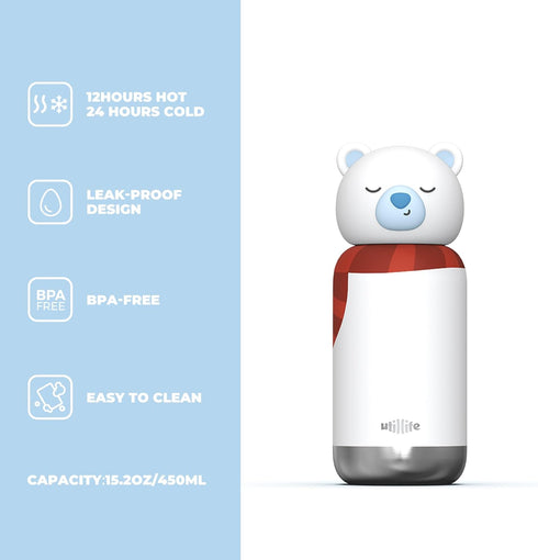 Utillife BPA-Free,15.2oz Insulated Stainless Steel Tumbler with Detachable Soft Animal Head,Leakproof Kids Water Bottle