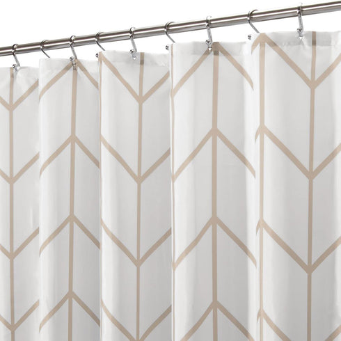 mDesign Fabric Shower Curtain - Geometric Herringbone Chevron Print, 72" x 72", Beige/White, Machine Washable & Water