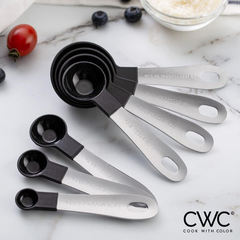 COOK WITH COLOR 12 PC Measuring Cups and Spoon Set, Stainless Steel Handles, Nesting Kitchen Liquid Measuring Set, Black