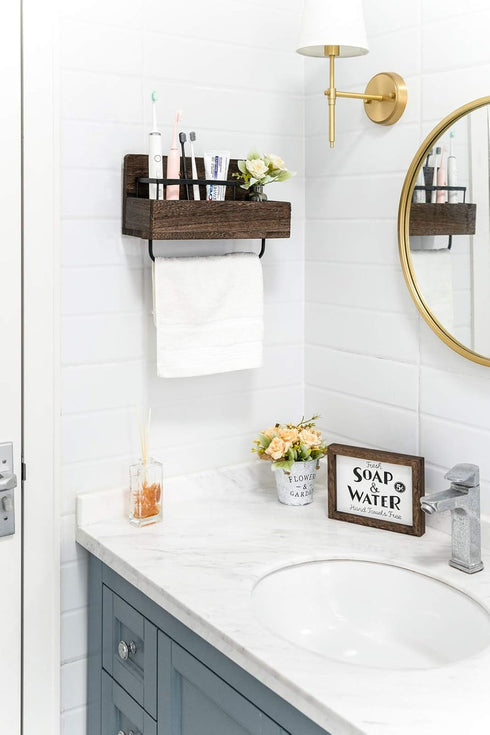 Dahey Wall Mounted Toothbrush Holder Wooden Electric Toothbrush Organizer Multifunctional Stand Towel Rack Toothpaste