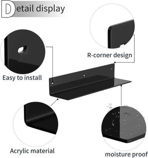 16 Inches 2 Pack, 4'' Sezanrpt Black Acrylic Wall Shelves L Shape Floating Shelf, Acrylic Corner Shelf for Model Car