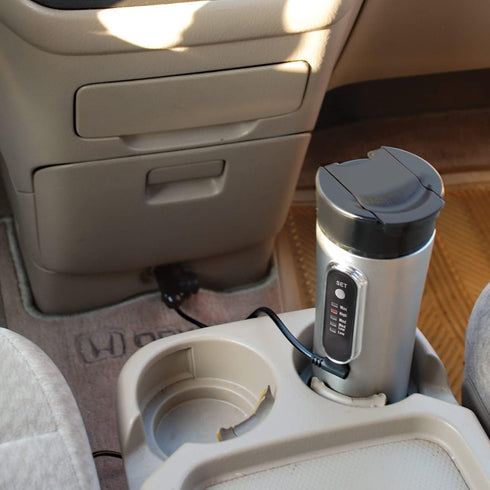 RoadPro RP0719 12-Volt Premium Heated Travel Mug, 15oz, Silver and Black