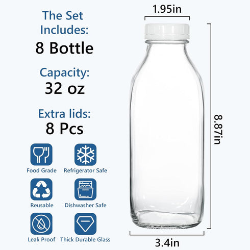 8 Pack 32oz KEYWING Glass Milk Bottles with Airtight Lids Reusable, Leak-proof Containers Dishwasher Safe, Food Grade