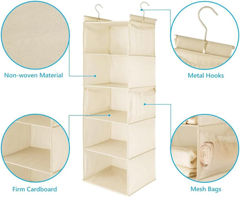 MAX Houser 5 Shelf Hanging Closet Organizer, Foldable Cloth Shelves with 4 Side Pockets, Space Saver - Beige
