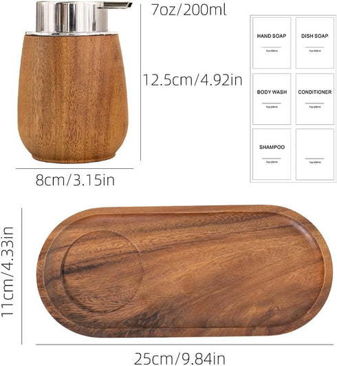Set 7oz/200ml 6 Countertop Walnut Wood Soap Dispenser with Tray, Foaming Hand Soap Dispenser with Labels, Wooden