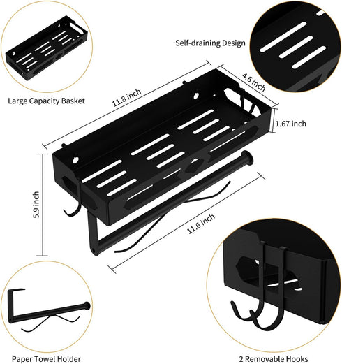 Wall Mount Paper Towel Holder for Kitchen - Self Adhesive Design with Shelf and 2 Hooks for Bathroom, RV