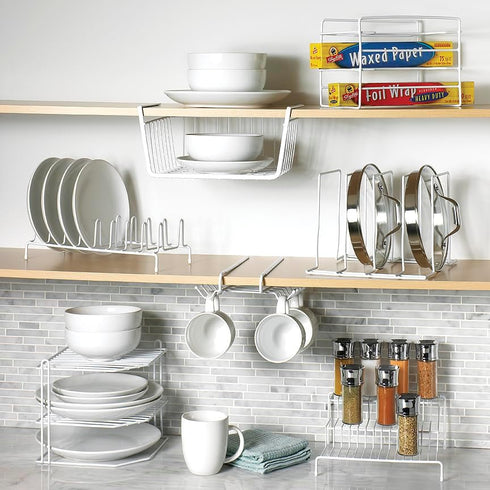 2-Tier 9x9x8.5in Home Basics Corner Rack, White, Vinyl Coated Steel, Rust Resistant, Shelf, Keeps Spices and Cups