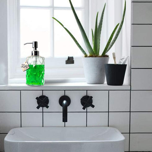 JASAI Diamond Design 12 Oz Glass Soap Dispenser, Kitchen and Bathroom with Stainless Steel Pump