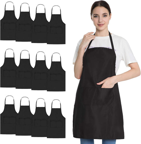Bib Black Apron for Women Men Adult Chef, 12 Pack Kitchen Aprons