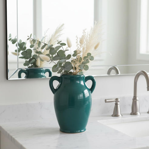 8 Inch 2 Sunddo Modern Ceramic Vase for Decor - Green Decorative Vase with Handles, Pampas Grass Vases