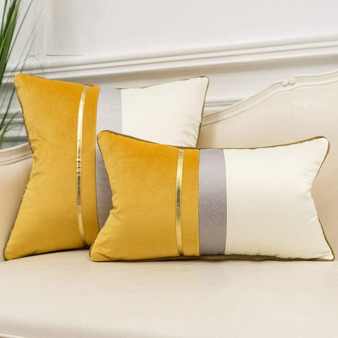 Avigers 18 x 18 Inches Yellow White Gold Leather Striped Patchwork Velvet Cushion Case for Couch, Living Room